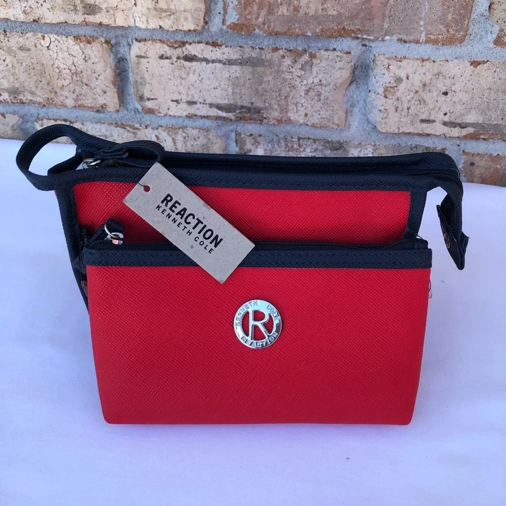 Kenneth Cole Reaction 2 Piece East West Red Navy Travel Toiletries Makeup Bag